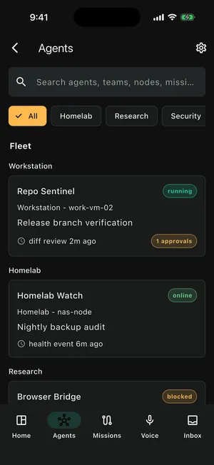 ACT agents screen: a fleet list with per-agent status chips such as running, online, and blocked