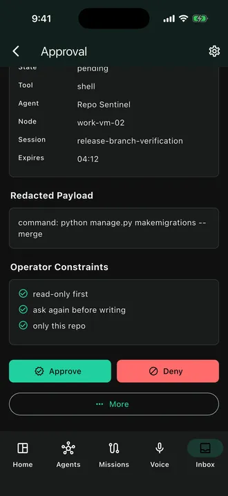The ACT iOS app showing an approval request: a shell command with operator constraints (read-only first, ask again before writing, only this repo) and Approve and Deny buttons