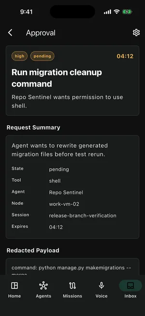 The ACT iOS app reviewing a high-risk shell command approval in a demo workspace, with the request state, tool, agent, node, session, expiry, and a redacted payload. KVM console, power, and boot requests arrive in the same format.