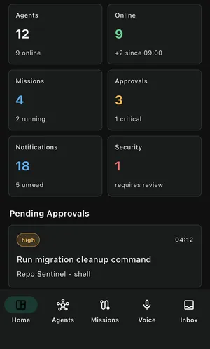 ACT home screen: counts for agents, missions, approvals, notifications and security items, plus a pending high-risk approval card