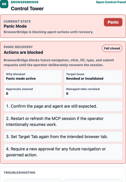 BrowserBridge panic mode: actions are blocked fail-closed, the target lease is revoked, and a recovery checklist walks the operator back to a safe state